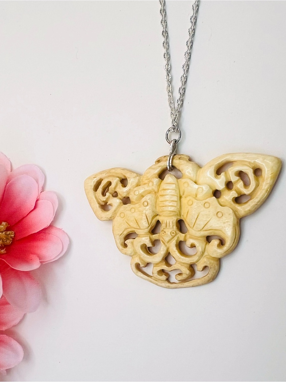 Carved Butterfly Pendant Necklace in Cream wood